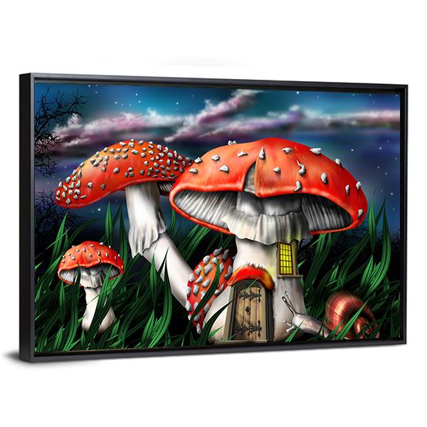 Magical Mushrooms In Forest Canvas Wall Art-3 Horizontal-Gallery Wrap-25" x 16"-Tiaracle