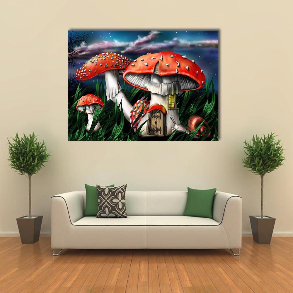 Magical Mushroom House Under Starry Sky Canvas Wall Art in red, green and blue, single panel hung on a wall