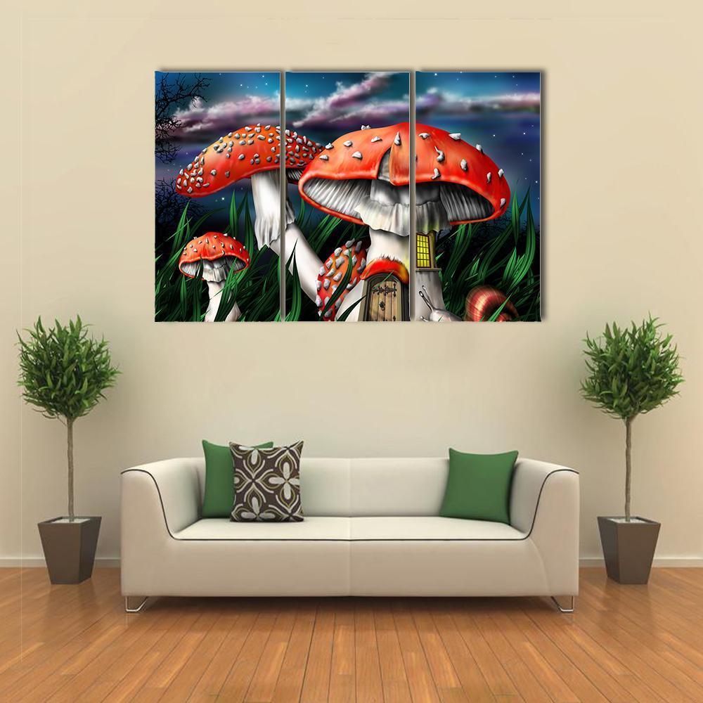 Magical Mushrooms In Forest Canvas Wall Art-3 Horizontal-Gallery Wrap-37" x 24"-Tiaracle