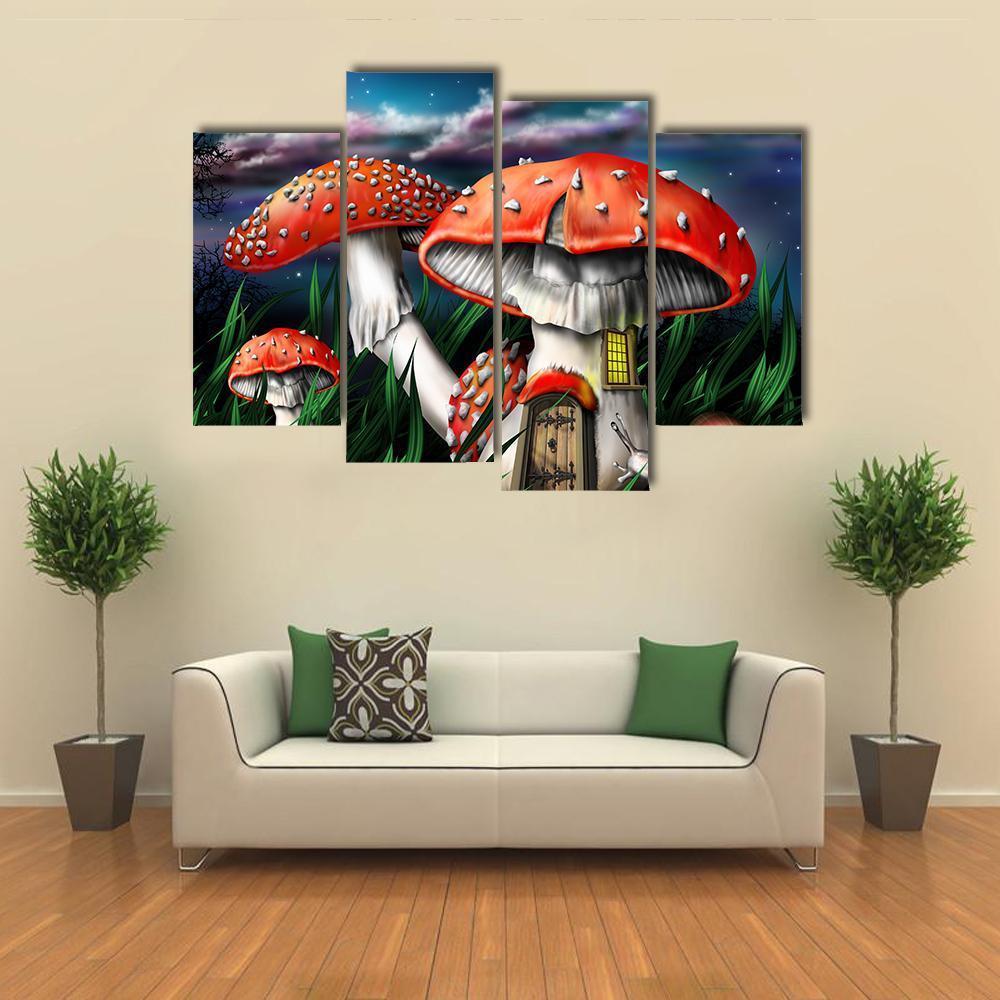 Magical Mushrooms In Forest Canvas Wall Art-4 Pop-Gallery Wrap-50" x 32"-Tiaracle