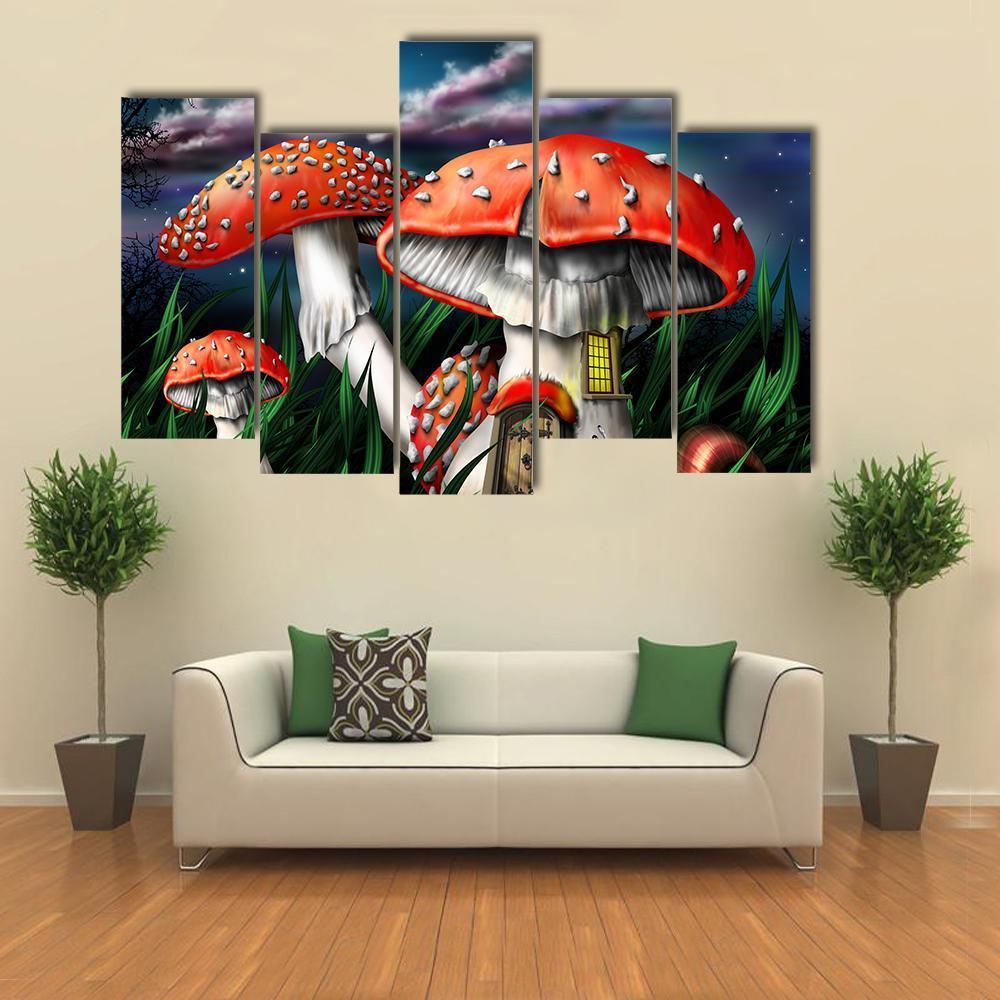 Magical Mushrooms In Forest Canvas Wall Art-5 Pop-Gallery Wrap-47" x 32"-Tiaracle