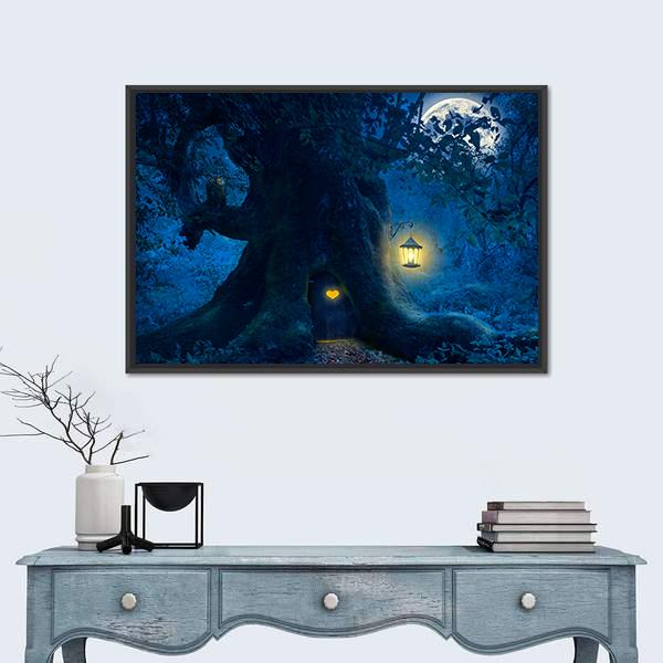 Magical Tree At Night Canvas Wall Art-1 Piece-Floating Frame-24" x 16"-Tiaracle
