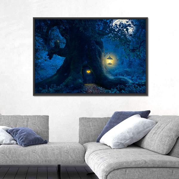 Magical Tree At Night Canvas Wall Art-3 Horizontal-Gallery Wrap-25" x 16"-Tiaracle
