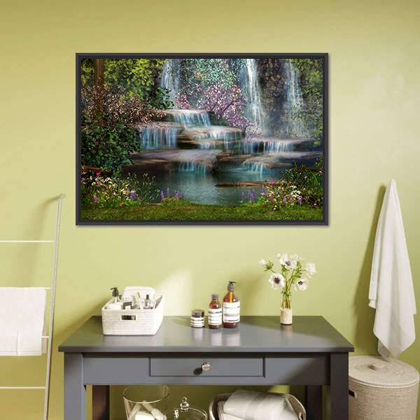 Magical Waterfalls Canvas Wall Art in brown, green and blue, framed canvas, product view on a white background