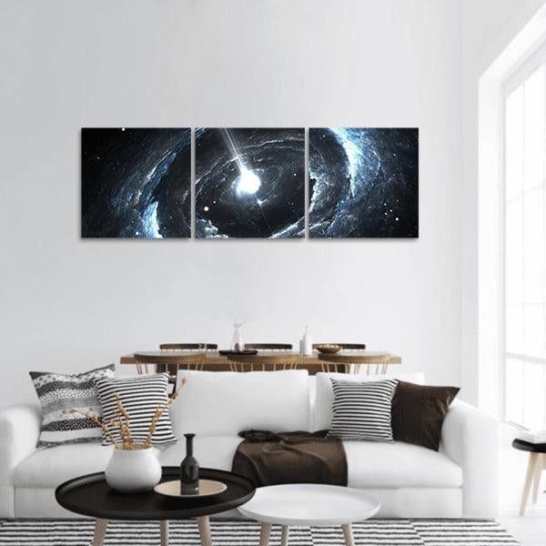 Highly Magnetized Rotating Neutron Star Panoramic Canvas Wall Art in black, white and blue, hung on a wall