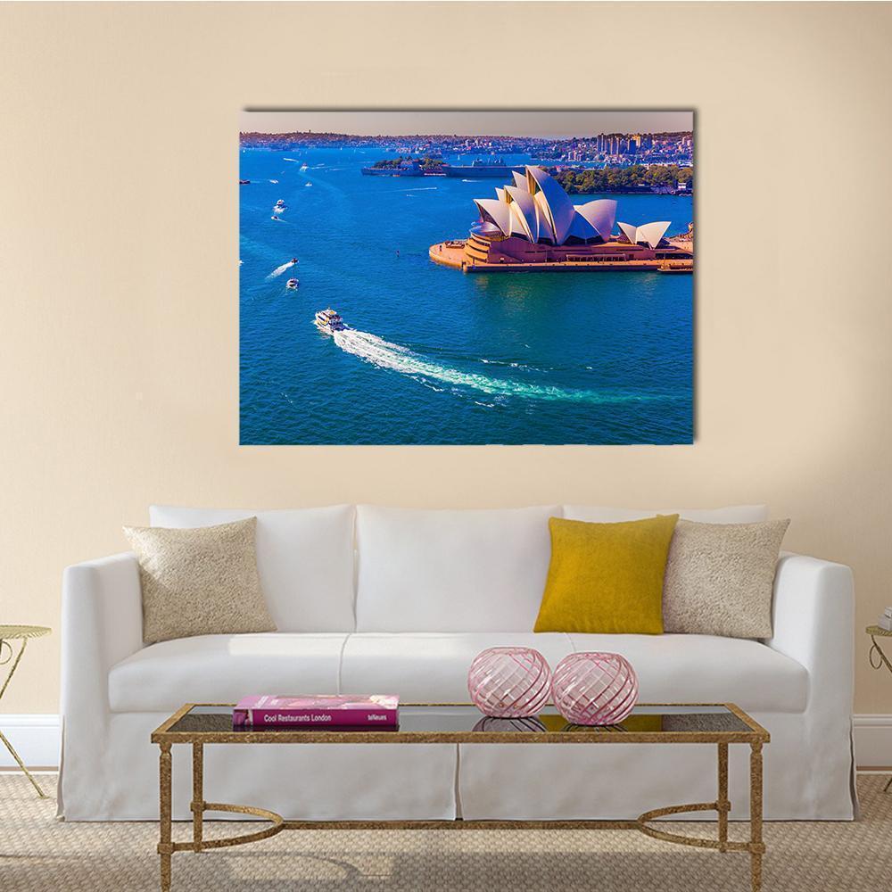Aerial View of Sydney Harbour and Opera House Canvas Wall Art in white and blue, single panel hung on a wall