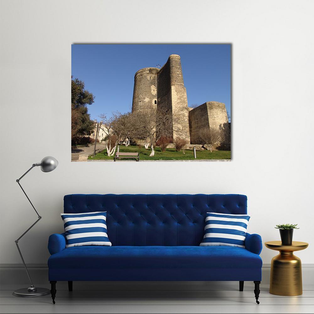 Maiden Tower, Azerbaijan Canvas Wall Art in beige, brown and blue, single panel hung on a wall