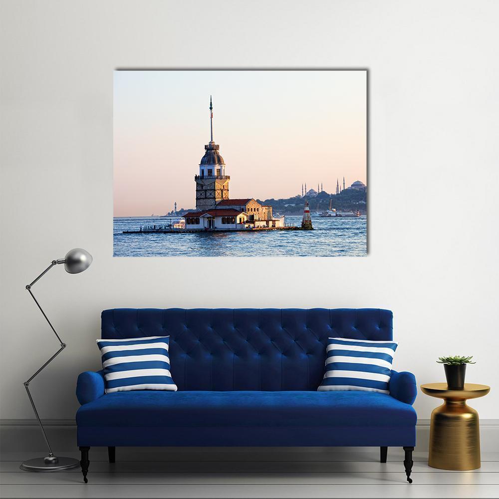 Maiden's Tower, Istanbul at Golden Hour Canvas Wall Art in white, orange and blue, single panel hung on a wall