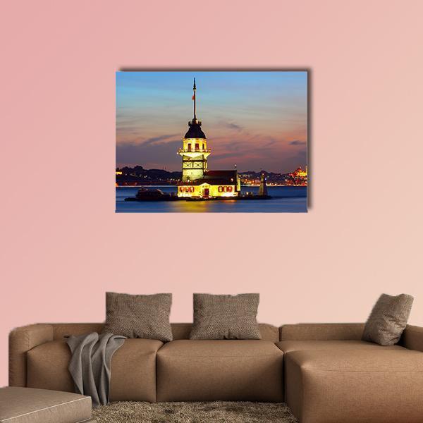 Maiden's Tower in Istanbul Canvas Wall Art in orange, yellow and blue, single panel hung on a wall