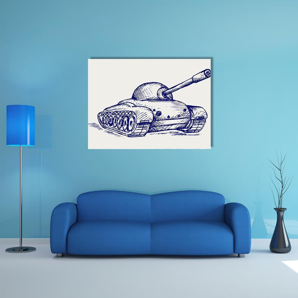 Main Battle Tank Pen Sketch Canvas Wall Art in white, blue and navy, single panel hung on a wall