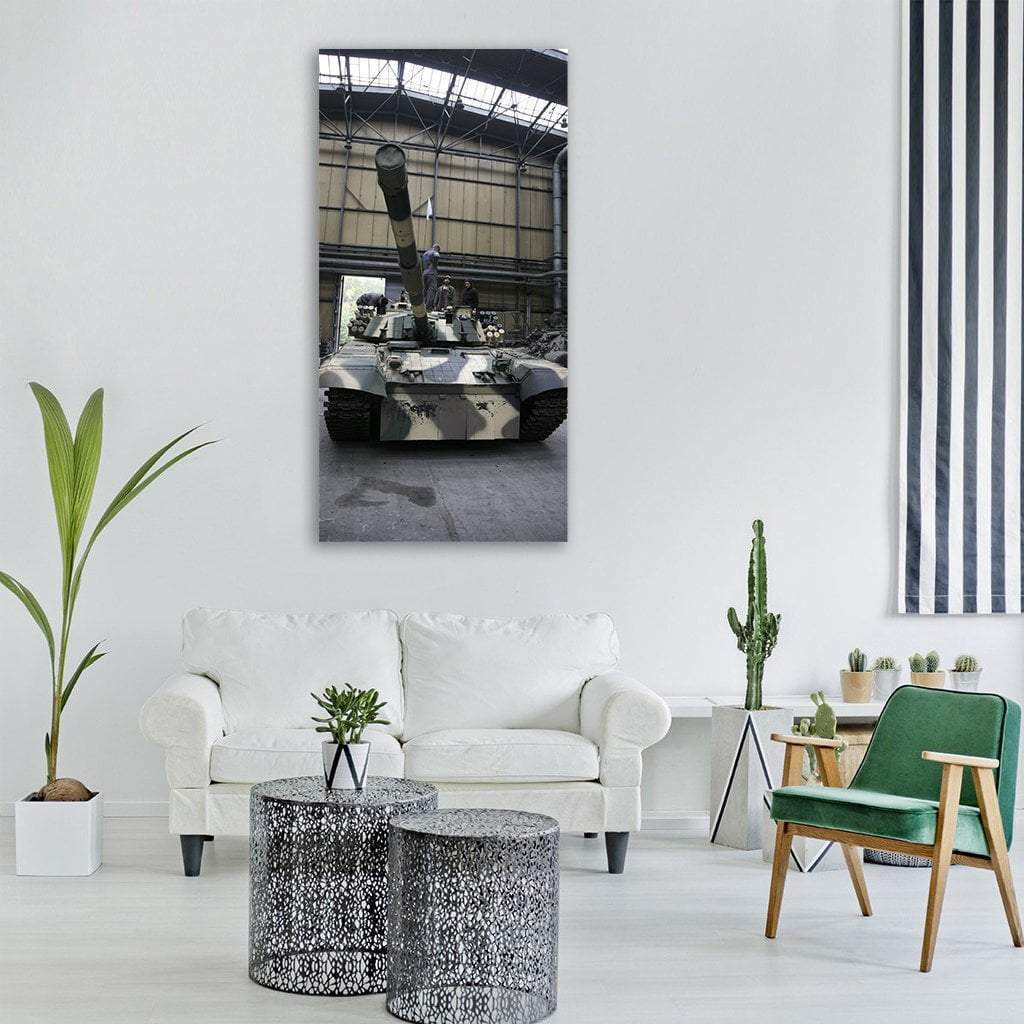 T91 Battle Tank Vertical Canvas Wall Art in black, gray and green, single vertical panel hung on a wall