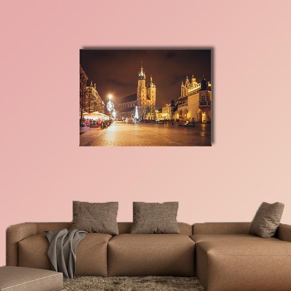 Main Market Square and St Mary's Basilica Canvas Wall Art in black, brown and gold, single panel hung on a wall