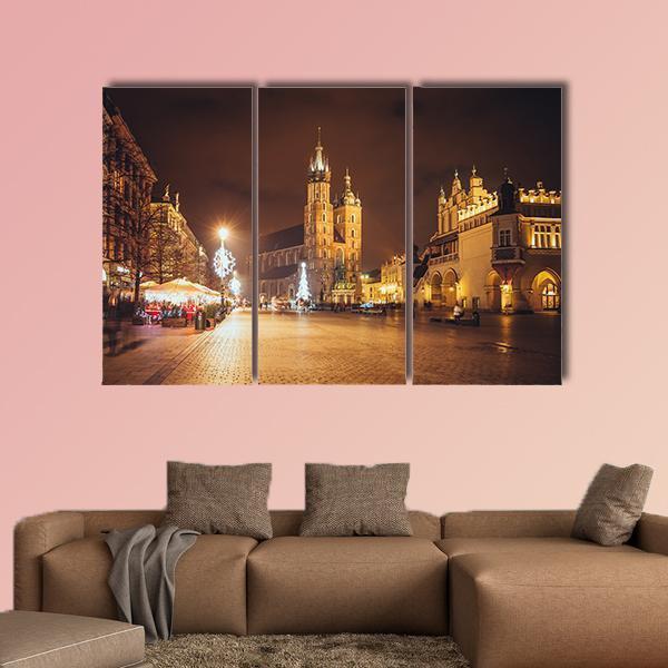Main Market Square And St Mary's Basilica Canvas Wall Art-3 Horizontal-Gallery Wrap-25" x 16"-Tiaracle