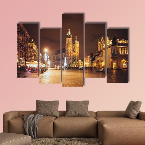 Main Market Square And St Mary's Basilica Canvas Wall Art-5 Pop-Gallery Wrap-47" x 32"-Tiaracle