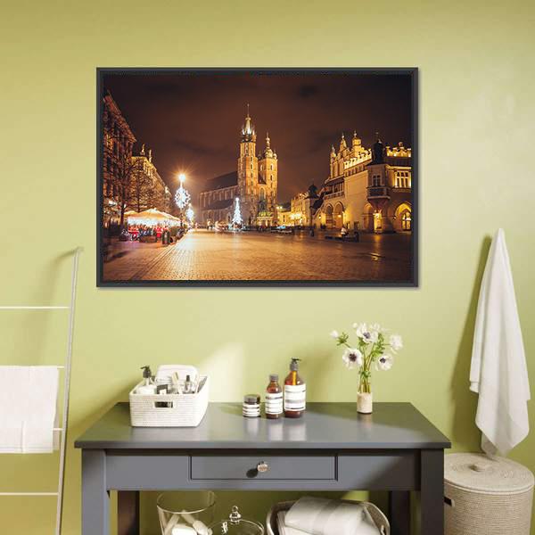 Main Market Square and St Mary's Basilica Canvas Wall Art in black, brown and gold, framed canvas, product view on a white background