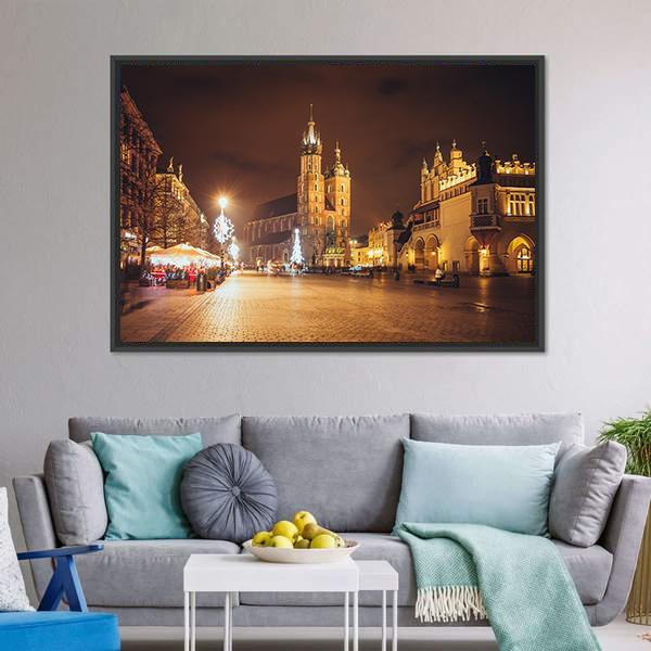 Main Market Square And St Mary's Basilica Canvas Wall Art-3 Horizontal-Gallery Wrap-25" x 16"-Tiaracle