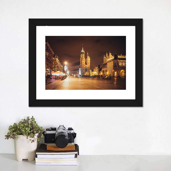 Main Market Square And St Mary's Basilica Canvas Wall Art-1 Piece-Framed Print-20" x 16"-Tiaracle