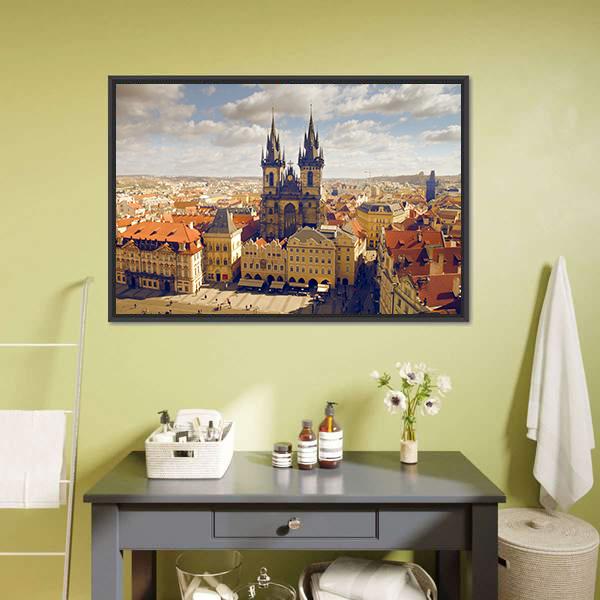 Main Square in Prague Canvas Wall Art in beige, brown and blue, framed canvas, product view on a white background
