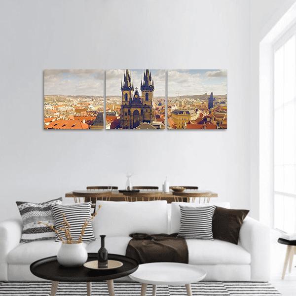 Prague Old Town Main Square with Týn Church Panoramic Canvas Wall Art in gray, beige and orange, hung on a wall