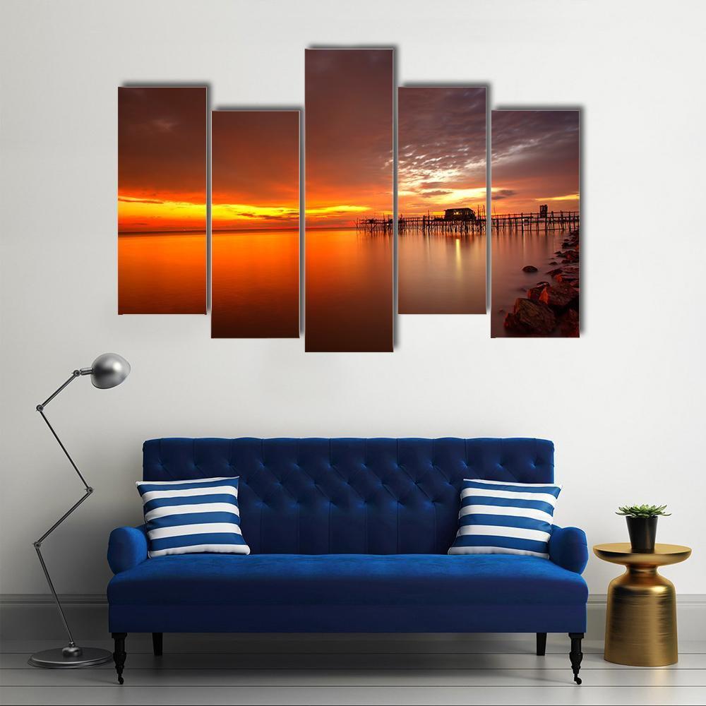 Majestic Burning Sunset Canvas Wall Art-5 Pop-Gallery Wrap-47" x 32"-Tiaracle