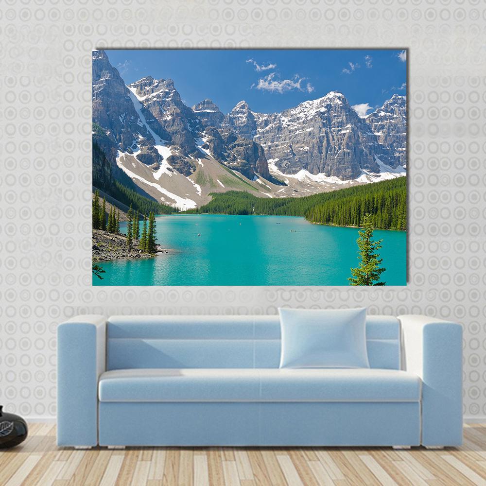 Majestic Moraine Lake Canvas Wall Art in gray, green and blue, single panel hung on a wall
