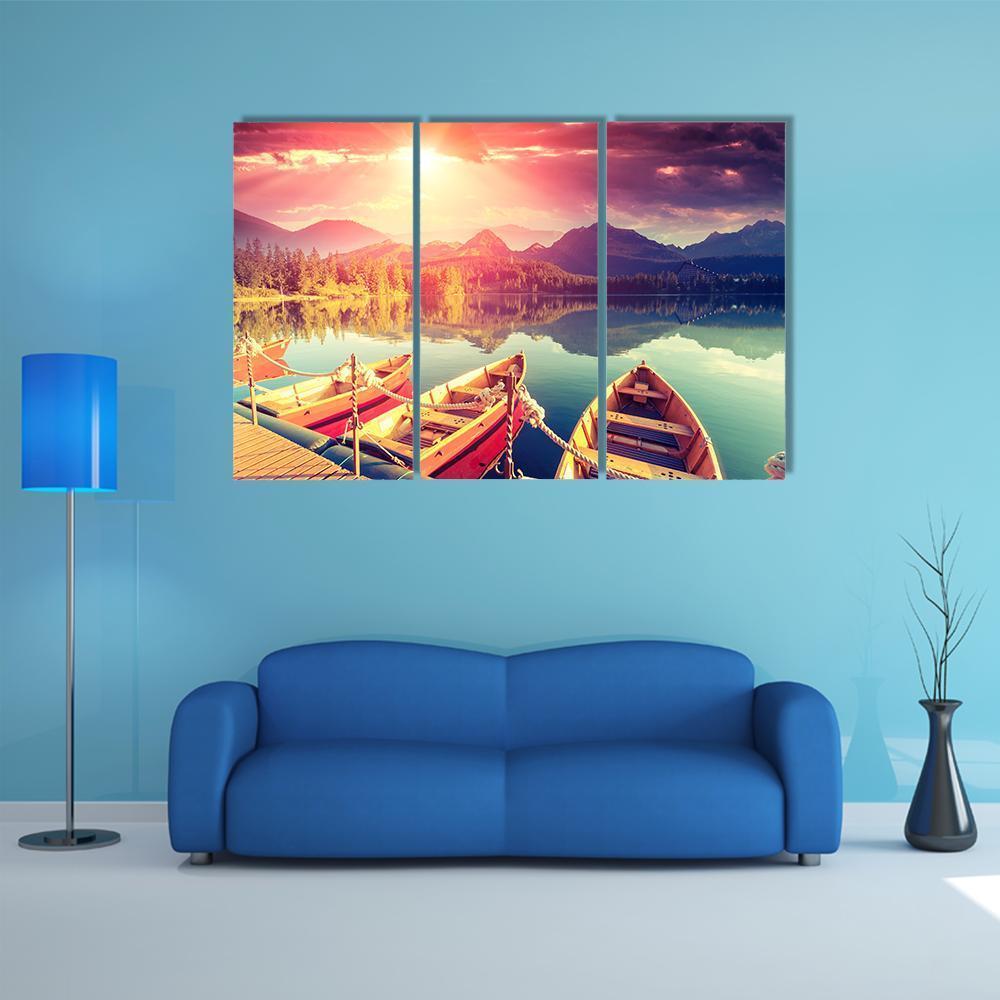 Boats On Mountain Lake Canvas Wall Art-3 Horizontal-Gallery Wrap-37" x 24"-Tiaracle