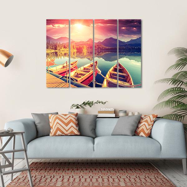 Boats On Mountain Lake Canvas Wall Art-4 Horizontal-Gallery Wrap-34" x 24"-Tiaracle