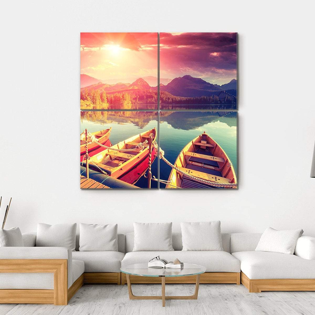 Boats On Mountain Lake Canvas Wall Art-4 Square-Gallery Wrap-17" x 17"-Tiaracle