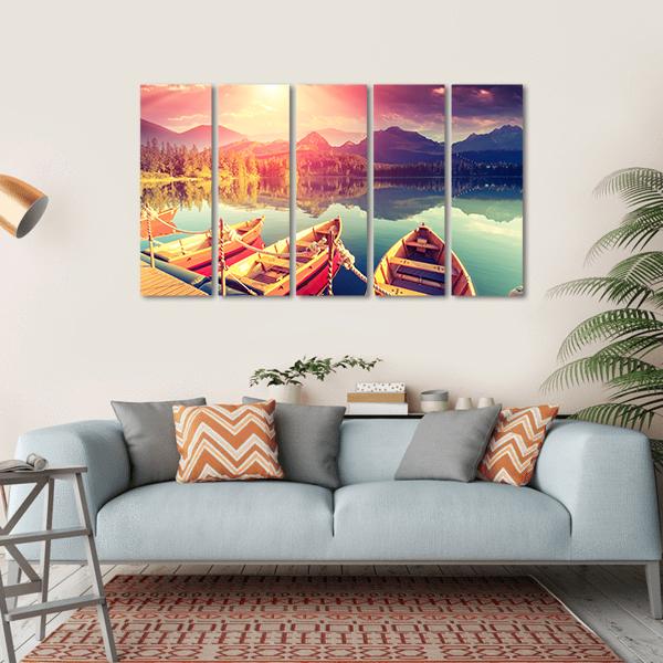 Boats On Mountain Lake Canvas Wall Art-5 Horizontal-Gallery Wrap-22" x 12"-Tiaracle