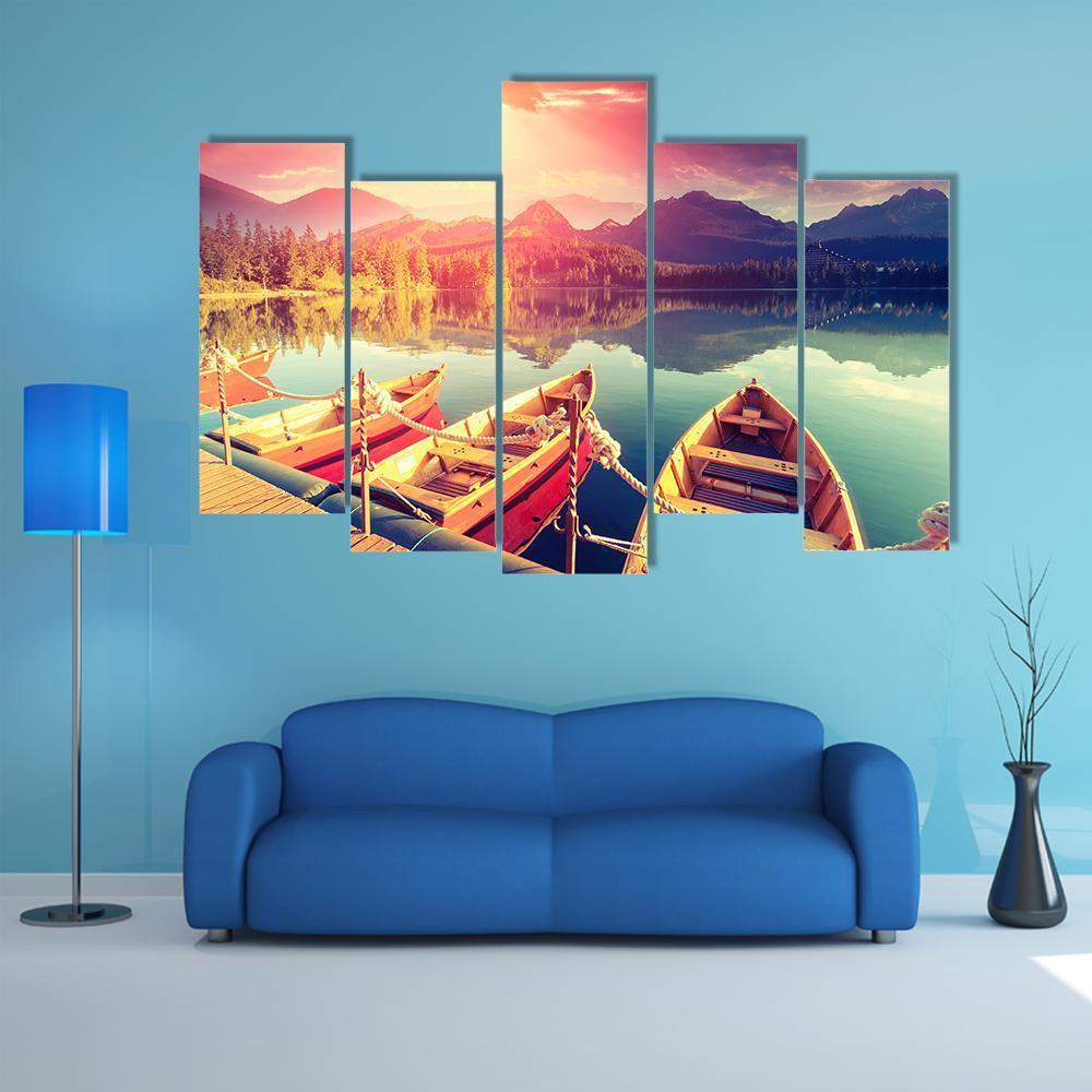 Boats On Mountain Lake Canvas Wall Art-5 Pop-Gallery Wrap-47" x 32"-Tiaracle