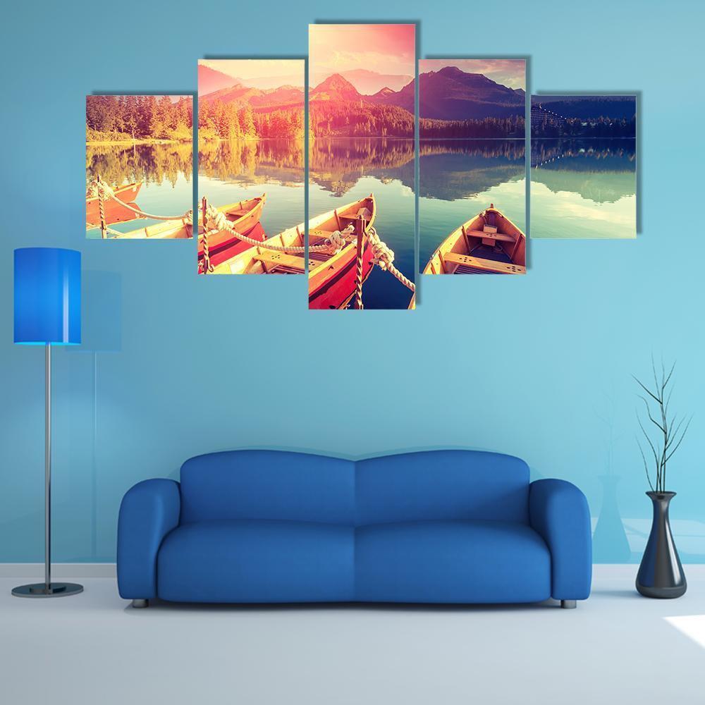 Boats On Mountain Lake Canvas Wall Art-4 Pop-Gallery Wrap-50" x 32"-Tiaracle