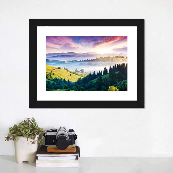 Majestic Mountain Landscape Canvas Wall Art in green, blue and purple, framed print, product view on a white background