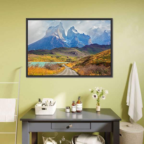 Majestic Peaks Of Los Kuernos Canvas Wall Art-1 Piece-Floating Frame-24" x 16"-Tiaracle