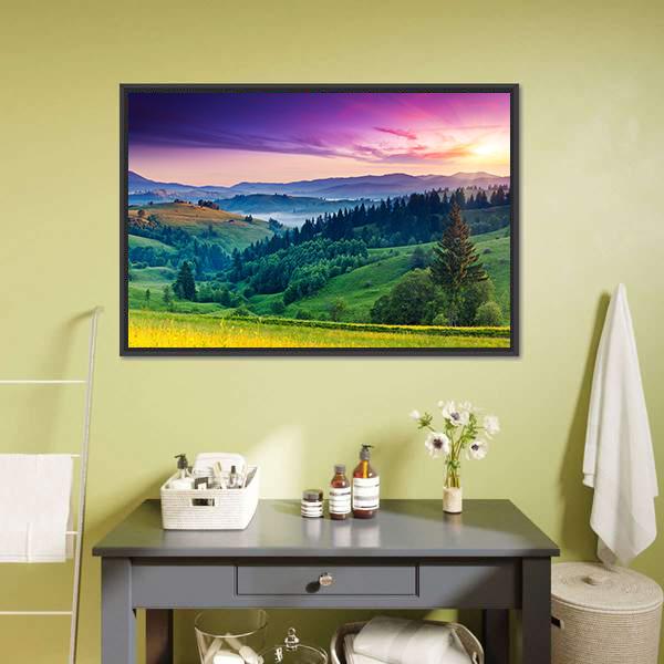 Misty Mountain Sunset with Pine Canvas Wall Art in yellow, green and purple, framed canvas, product view on a white background