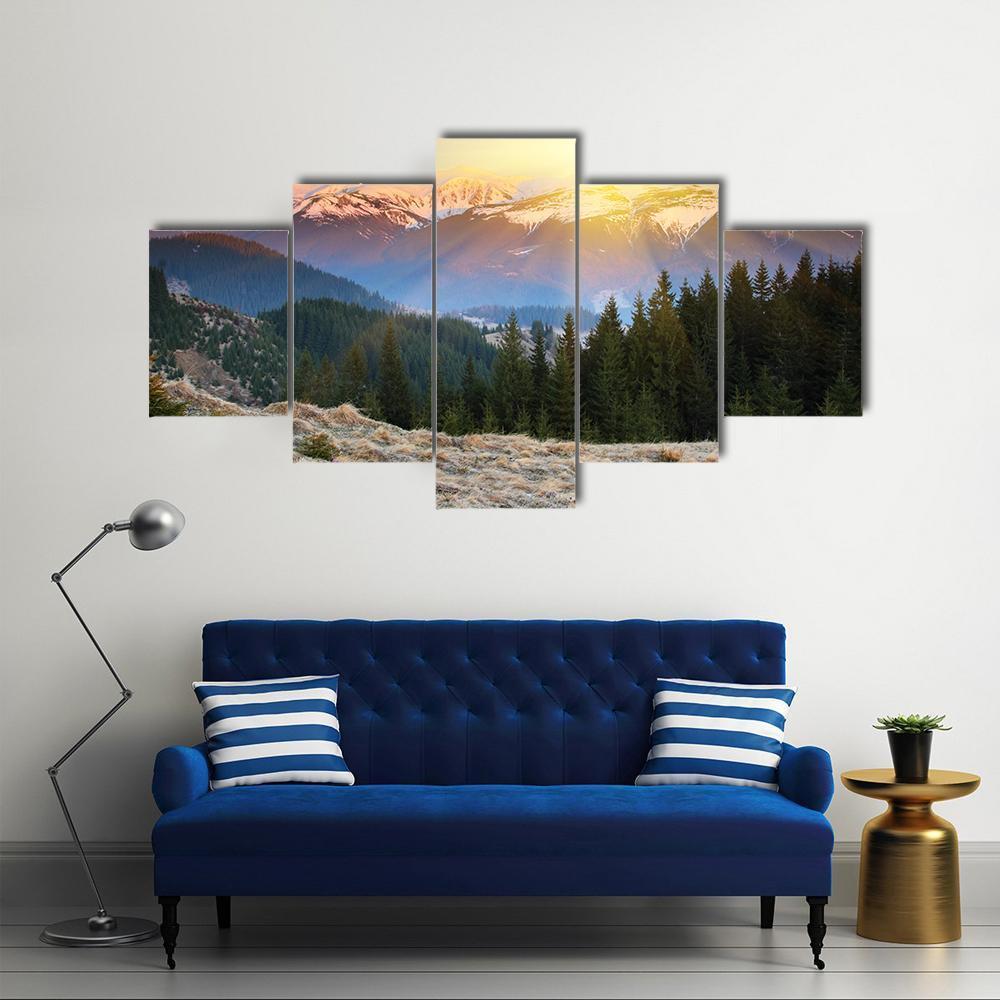 Sunset In Mountain Landscape Canvas Wall Art-5 Star-Gallery Wrap-62" x 32"-Tiaracle