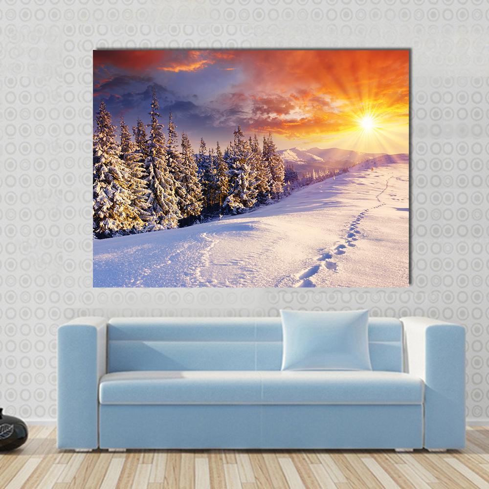Majestic Sunset In Winter Mountain Canvas Wall Art-4 Pop-Gallery Wrap-50" x 32"-Tiaracle