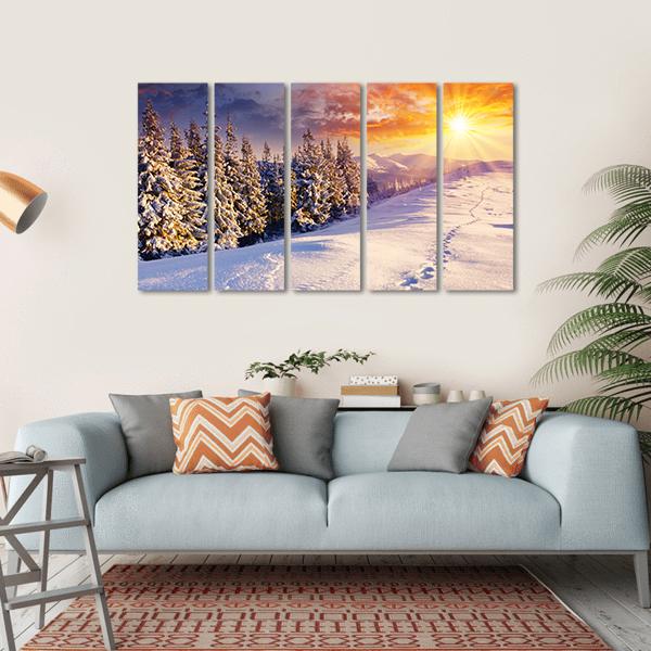 Majestic Sunset In Winter Mountain Canvas Wall Art-5 Horizontal-Gallery Wrap-22" x 12"-Tiaracle
