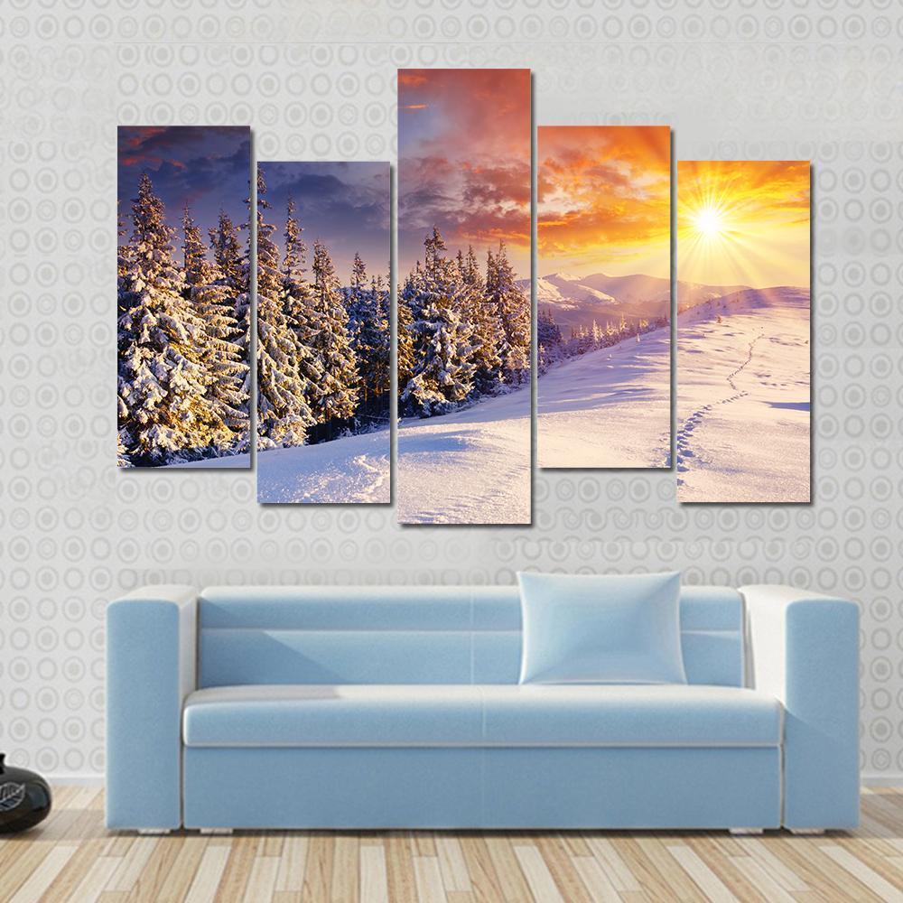 Majestic Sunset In Winter Mountain Canvas Wall Art-5 Pop-Gallery Wrap-47&quot; x 32&quot;-Tiaracle