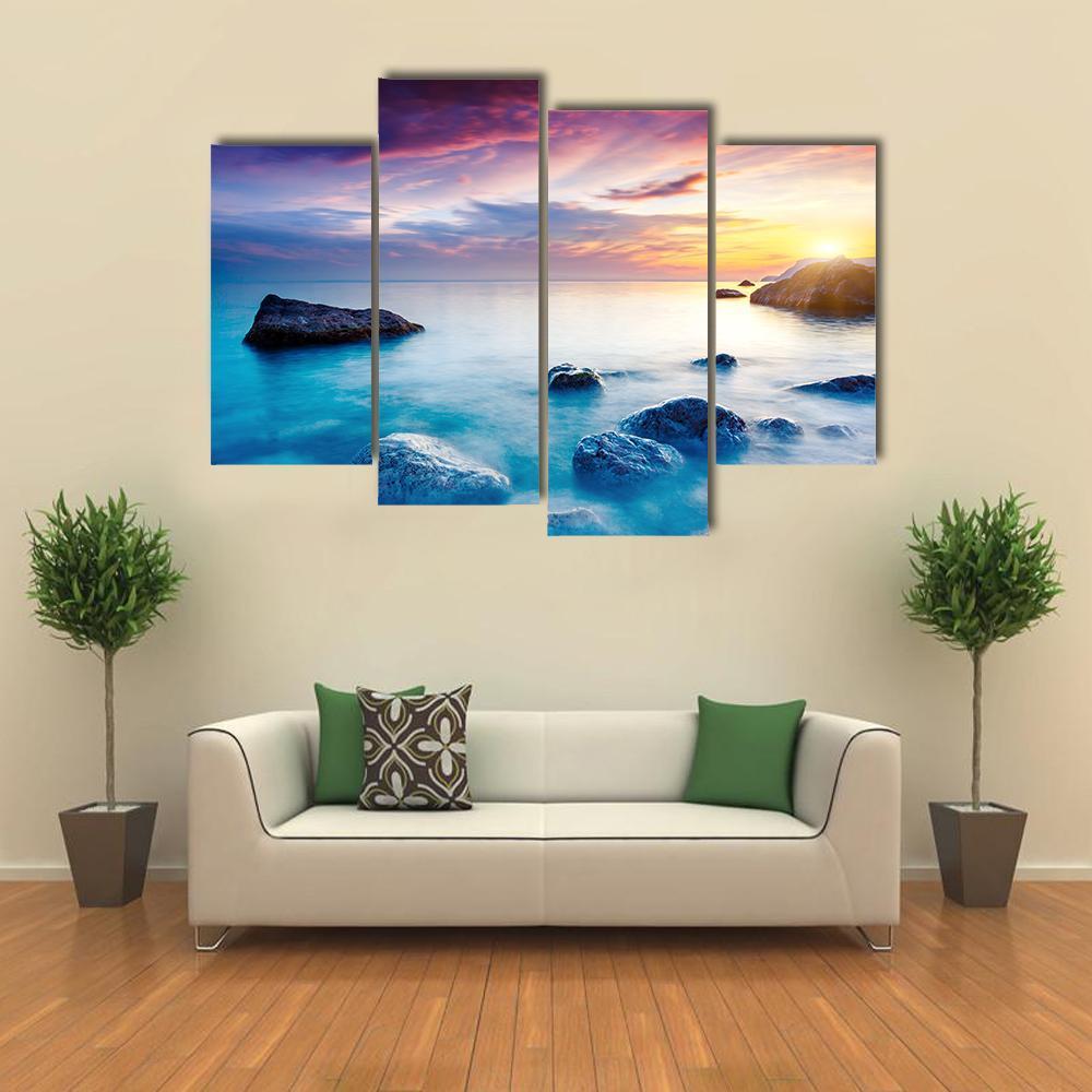 Majestic Sunset Over Beach Canvas Wall Art-4 Pop-Gallery Wrap-50" x 32"-Tiaracle