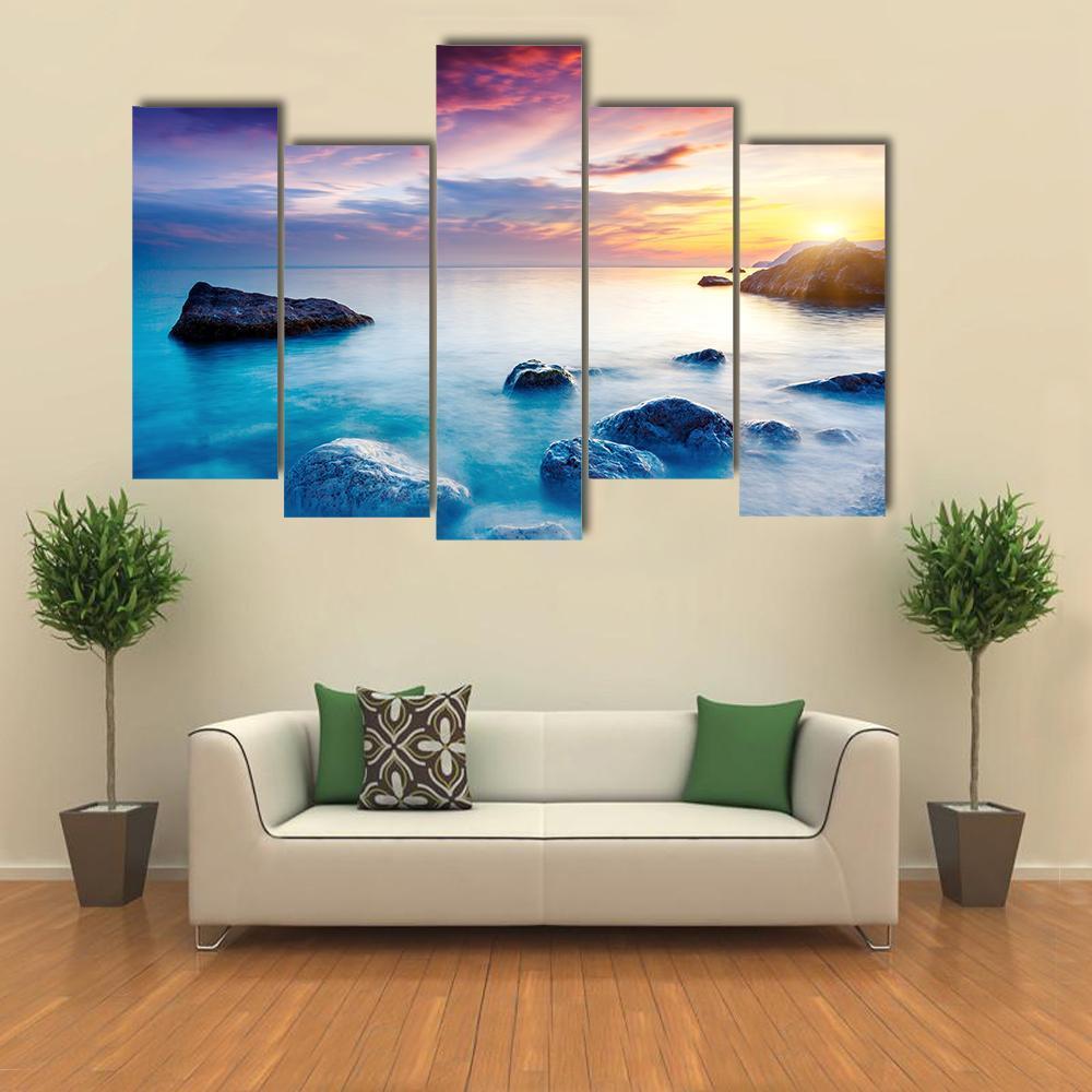 Majestic Sunset Over Beach Canvas Wall Art-5 Pop-Gallery Wrap-47" x 32"-Tiaracle