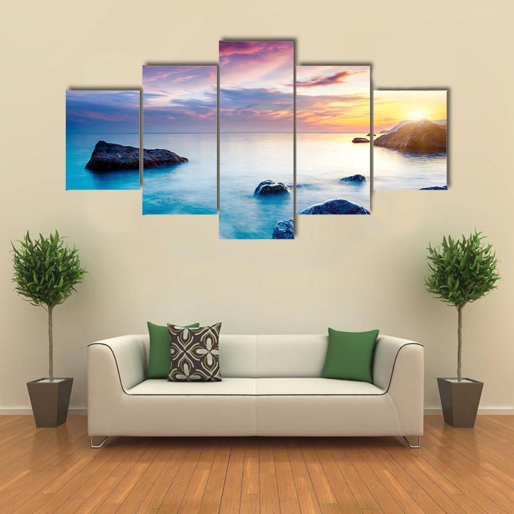 Majestic Sunset Over Beach Canvas Wall Art-5 Star-Gallery Wrap-62" x 32"-Tiaracle