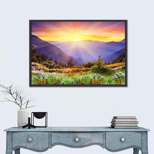 Majestic Sunset Over Mountain Canvas Wall Art-1 Piece-Floating Frame-24" x 16"-Tiaracle