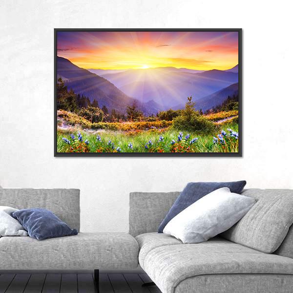 Majestic Sunset Over Mountain Canvas Wall Art-5 Horizontal-Gallery Wrap-22" x 12"-Tiaracle
