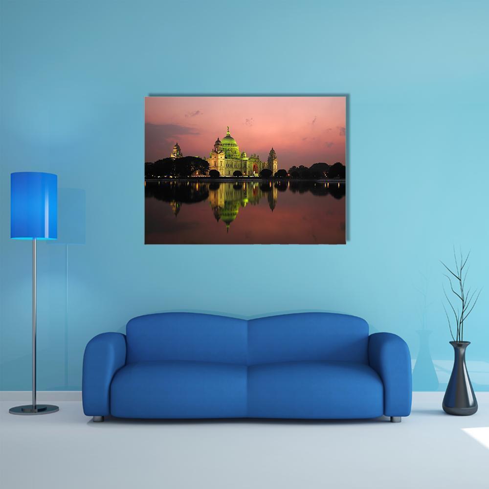 Victoria Memorial at Night Canvas Wall Art in black, yellow and pink, single panel hung on a wall