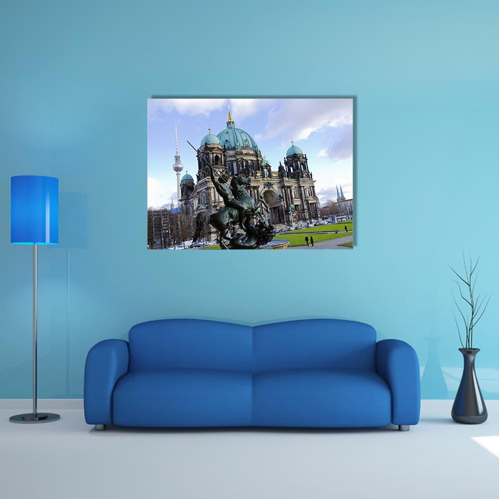 Berliner Dom with Bronze Knight Statue Canvas Wall Art in gray, green and blue, single panel hung on a wall