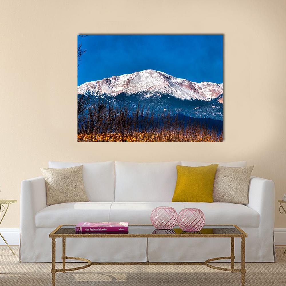 Pikes Peak Snow-capped Mountain Canvas Wall Art in white, brown and blue, single panel hung on a wall