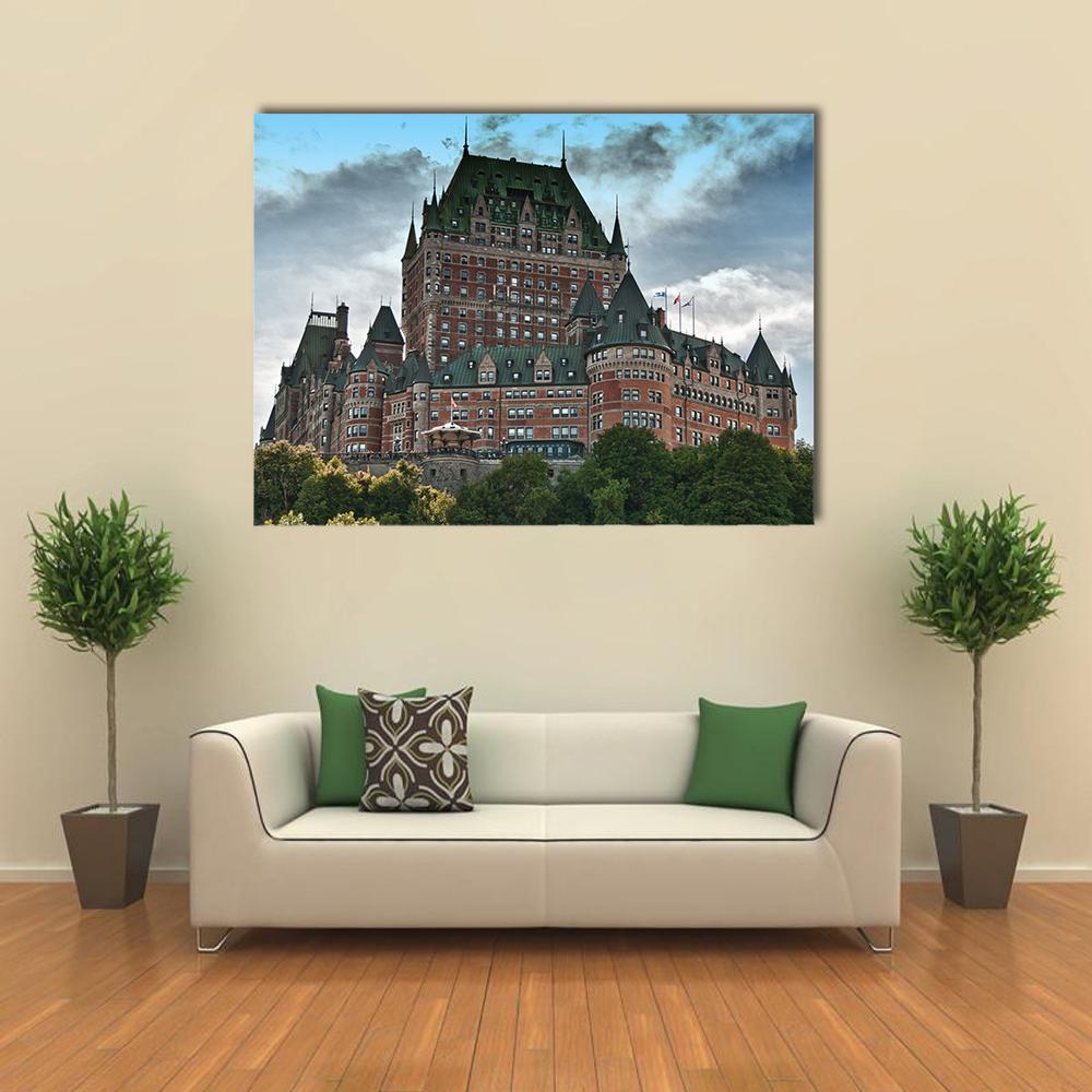 Chateau De Frontenac Canvas Wall Art in brown, green and blue, single panel hung on a wall