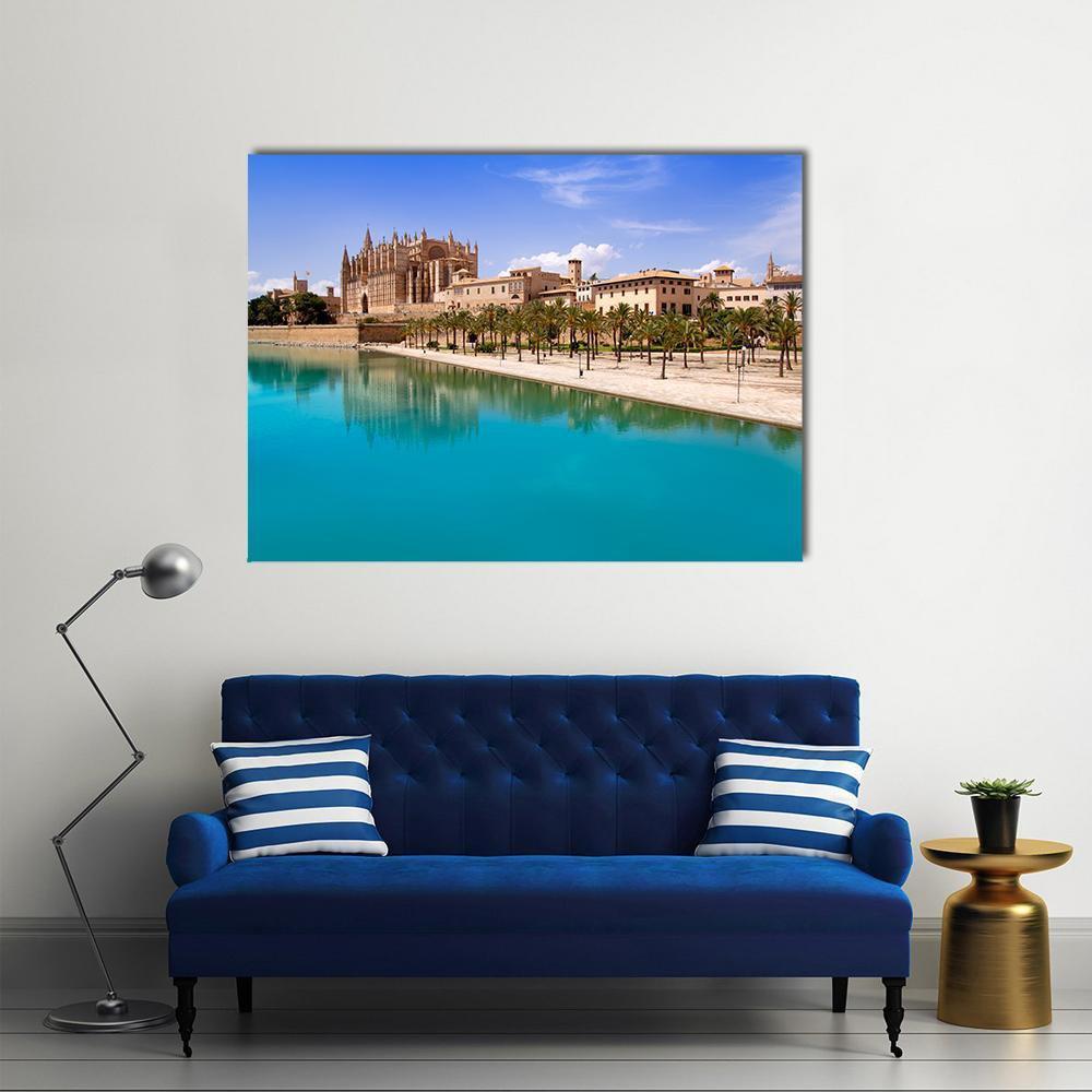 La Seu Cathedral, Majorca Canvas Wall Art in beige, brown and blue, single panel hung on a wall