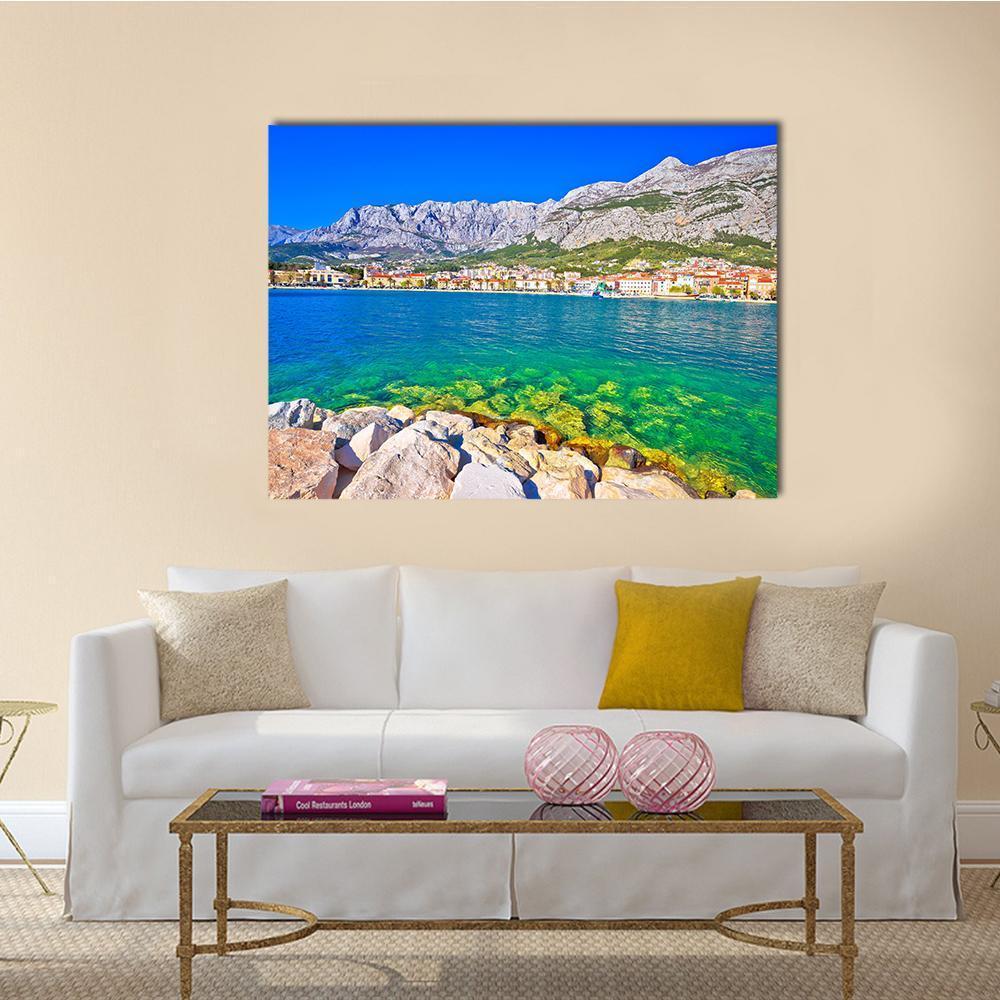 Makarska Turquoise Waterfront Canvas Wall Art-1 Piece-Gallery Wrap-48" x 32"-Tiaracle