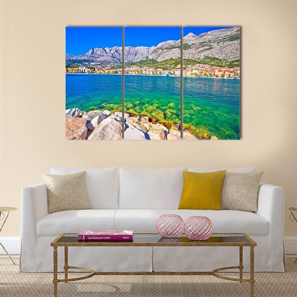 Makarska Turquoise Waterfront Canvas Wall Art-3 Horizontal-Gallery Wrap-37" x 24"-Tiaracle